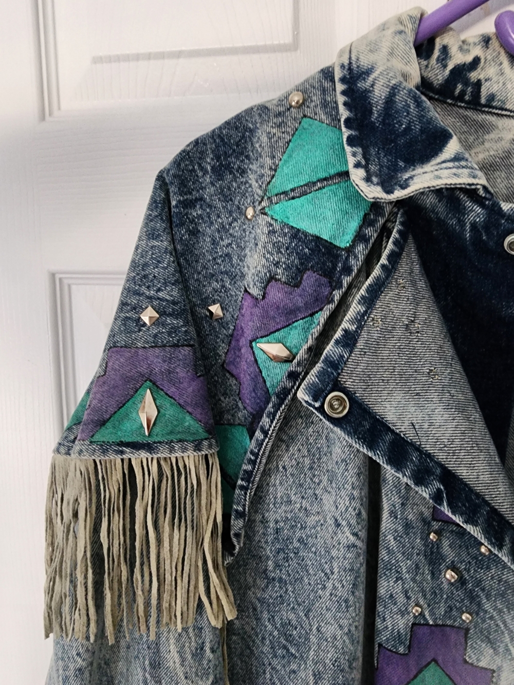 Vintage TRAIL DUSTER Denim Leather Fringe with Teal  Purple Accents 25" PTP - Picture 8 of 16